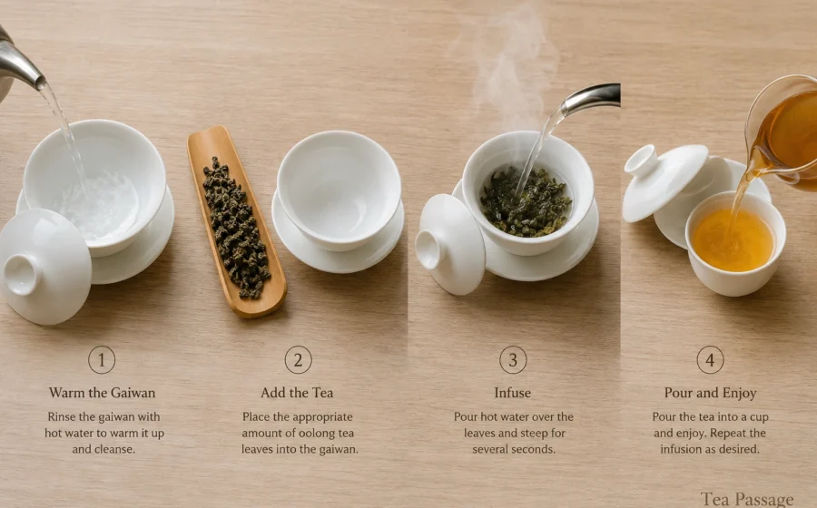 A clean instructional flat lay composition on a light wooden table, showing four sequential steps of Gongfu brewing oolong tea from left to right. Step 1: a gaiwan being warmed with hot water. Step 2: dry twisted oolong tea leaves in a bamboo scoop next to the gaiwan. Step 3: hot water pouring into the gaiwan with steam rising. Step 4: amber tea being poured into a small white cup. Soft natural overhead light, minimal and educational style. In the bottom right corner, a subtle and elegant text logo that reads "Tea Passage" in a refined serif font, small and tasteful. Photorealistic editorial photography.