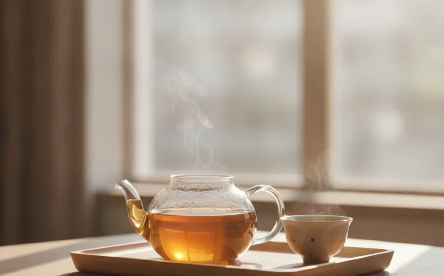 Morning oolong tea brewing in glass teapot with soft natural window light