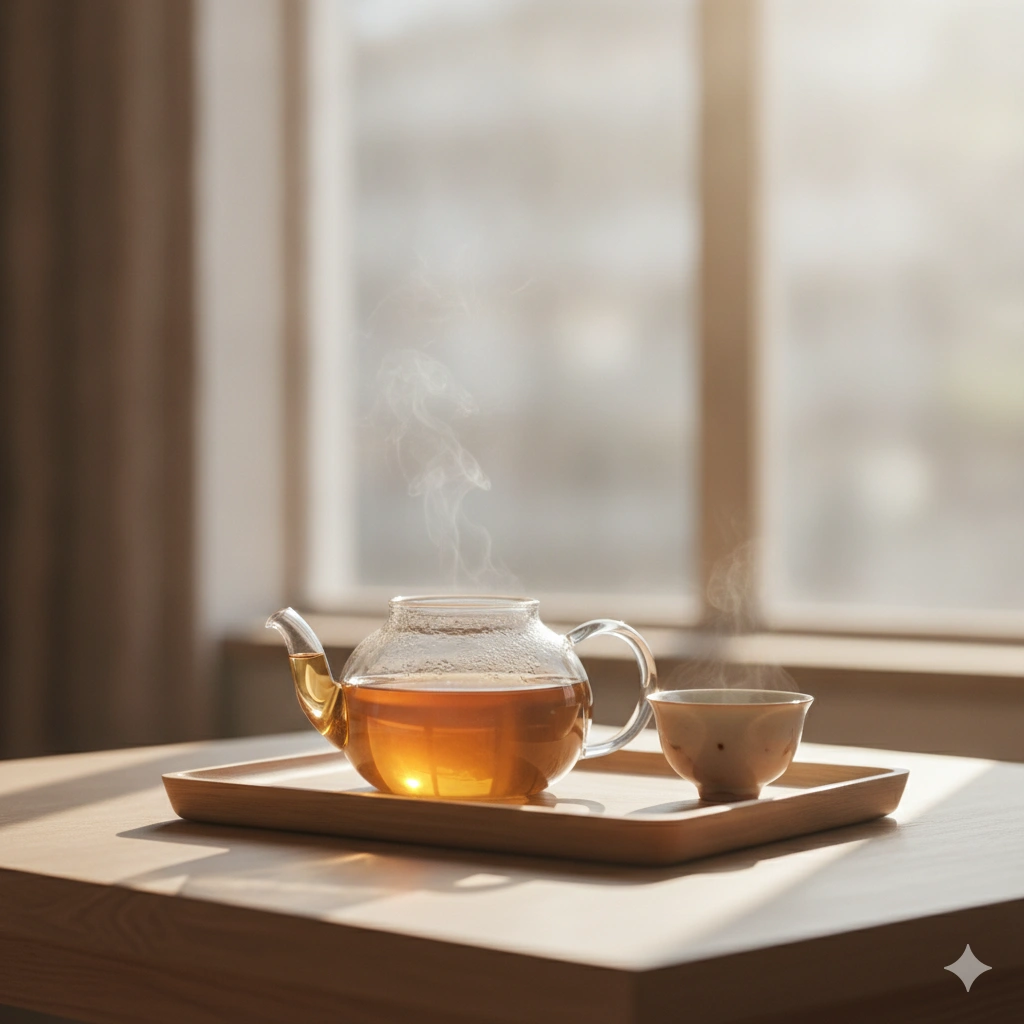 Morning oolong tea brewing in glass teapot with soft natural window light