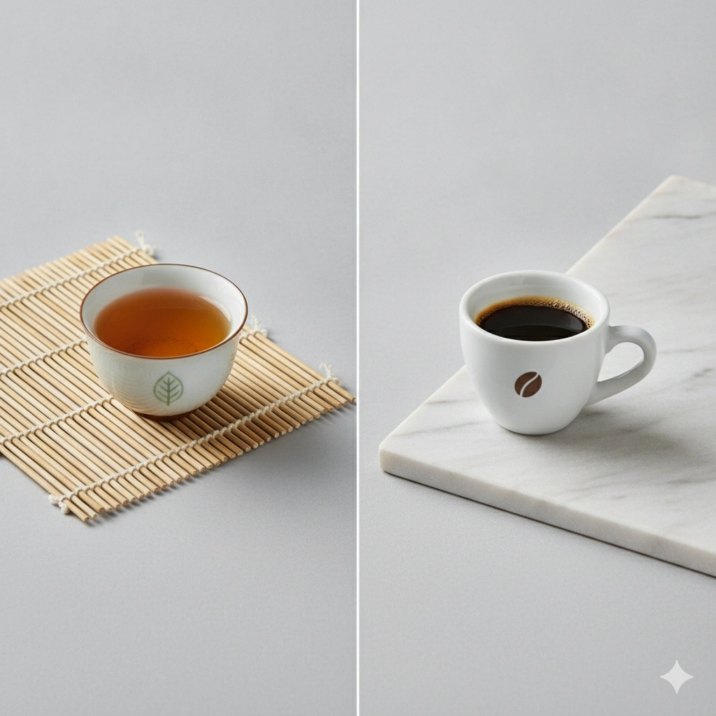 Side-by-side comparison of oolong tea and espresso coffee in cups