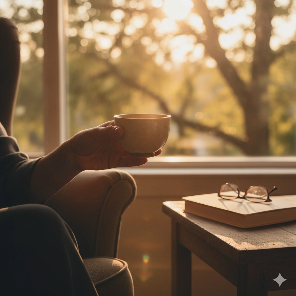 Person enjoying oolong tea in a relaxed afternoon setting by a window