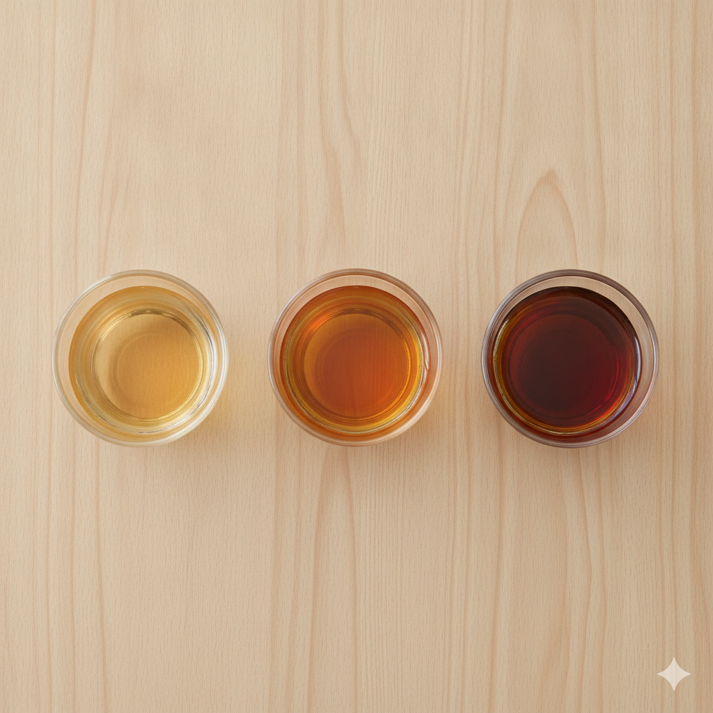 the left cup is pale golden (light oolong), the middle is amber (medium oolong), and the right is deep reddish-brown (dark roasted oolong).