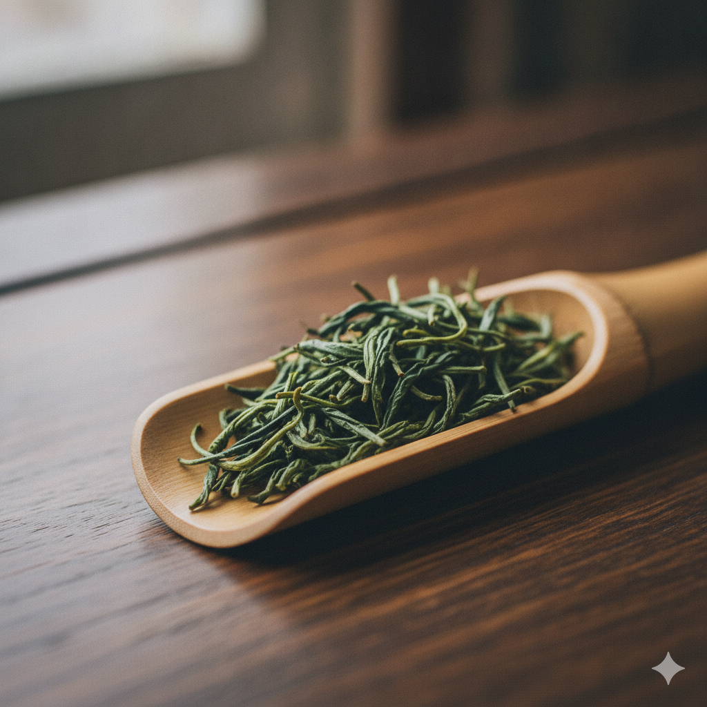 Close-up of tightly curled deep green Tie Guan Yin oolong dry leaves in a bamboo scoop on dark wood, macro shot