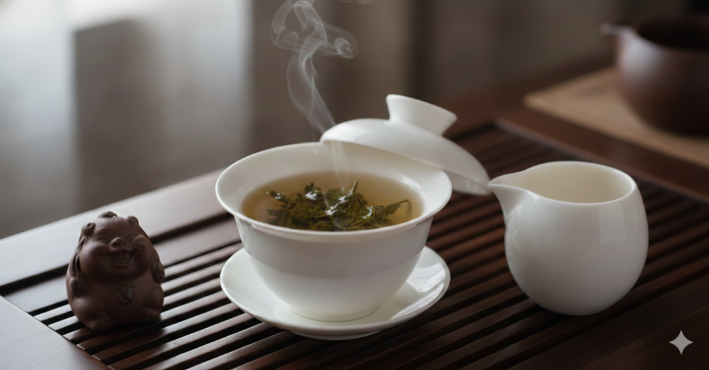 White porcelain gaiwan steeping Tie Guan Yin oolong tea, with fully opened serrated leaves visible in golden infusion, steam rising on a traditional tea table