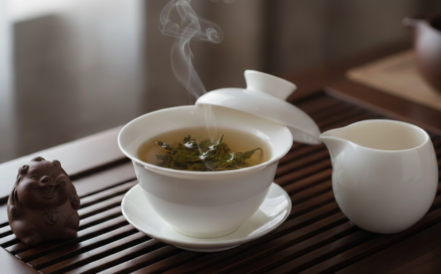 White porcelain gaiwan steeping Tie Guan Yin oolong tea, with fully opened serrated leaves visible in golden infusion, steam rising on a traditional tea table