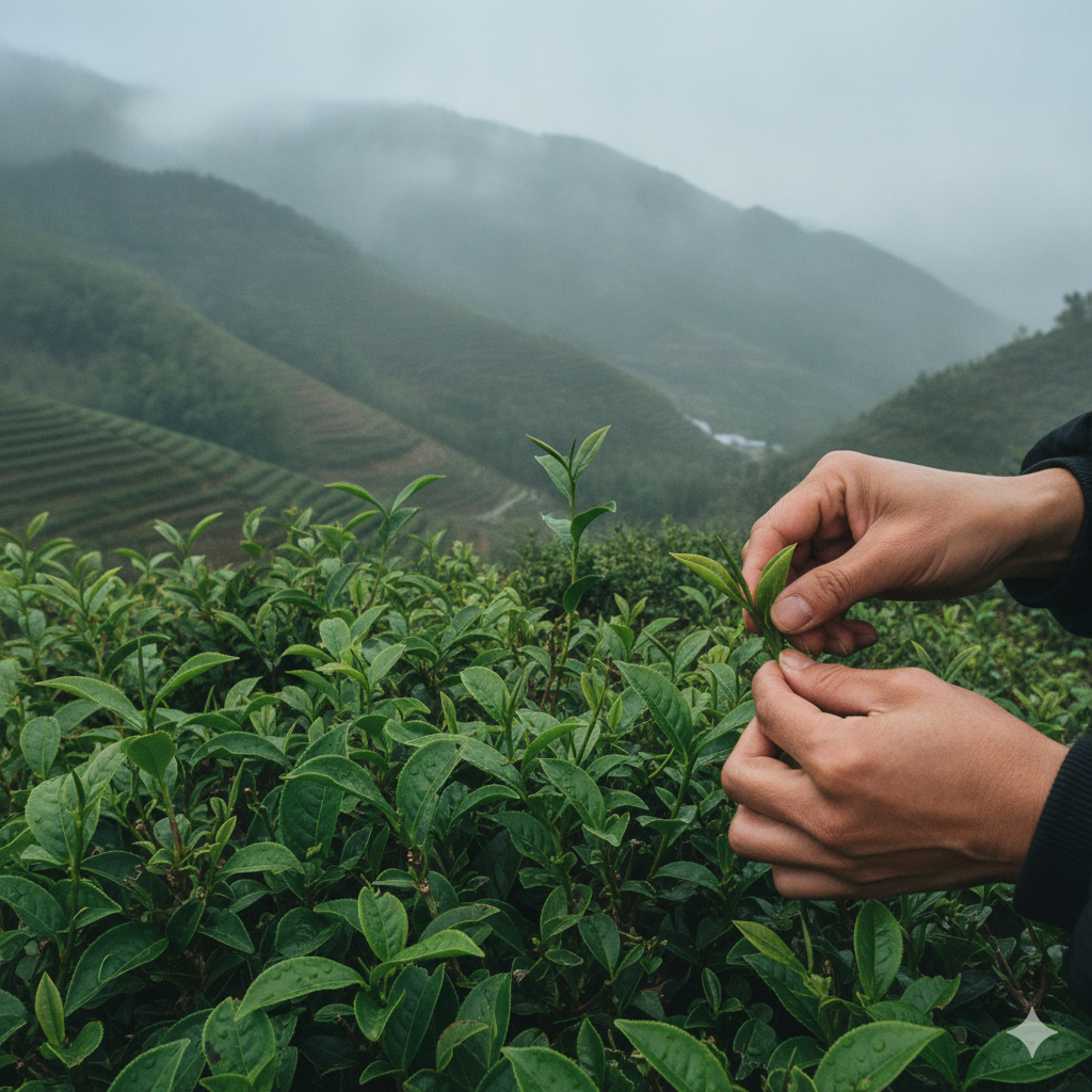 Hands carefully picking a tender oolong tea shoot with two leaves and a bud, Wuyi mountain tea terraces in misty background