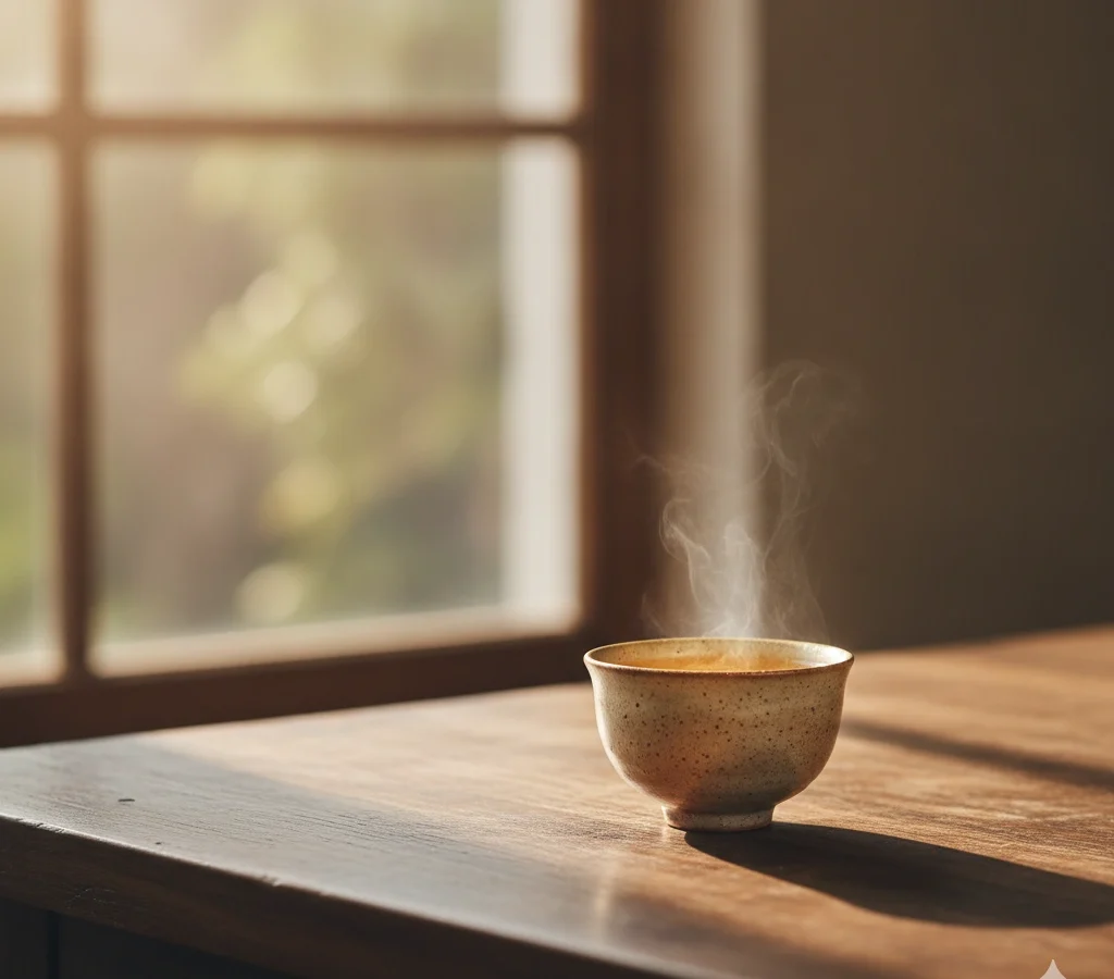 Golden oolong tea steaming gently on a wooden table by a window