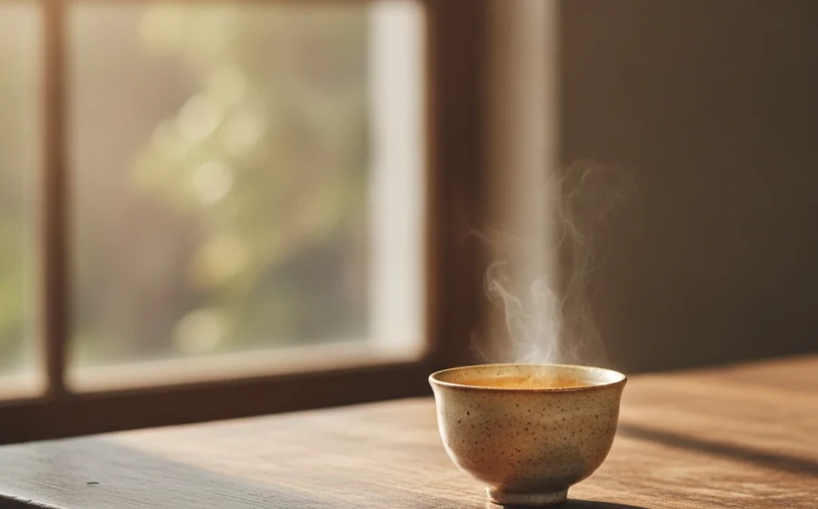 Golden oolong tea steaming gently on a wooden table by a window