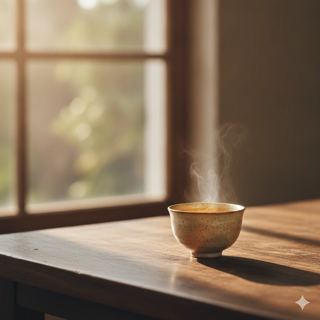 Golden oolong tea steaming gently on a wooden table by a window
