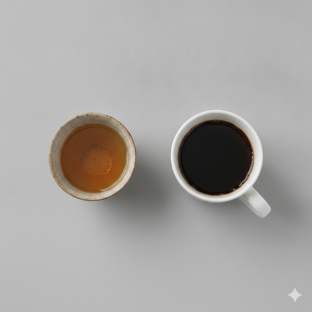 Small oolong teacup next to a white coffee mug on a table