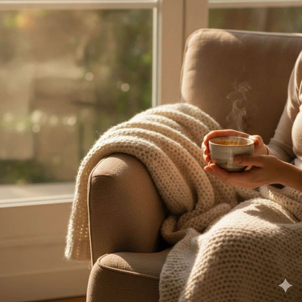 Person holding a warm cup of oolong tea in a relaxed home setting