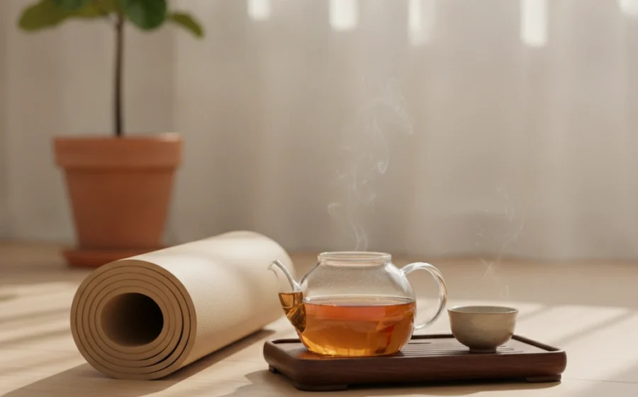 ea tray with oolong tea beside a yoga mat in natural light