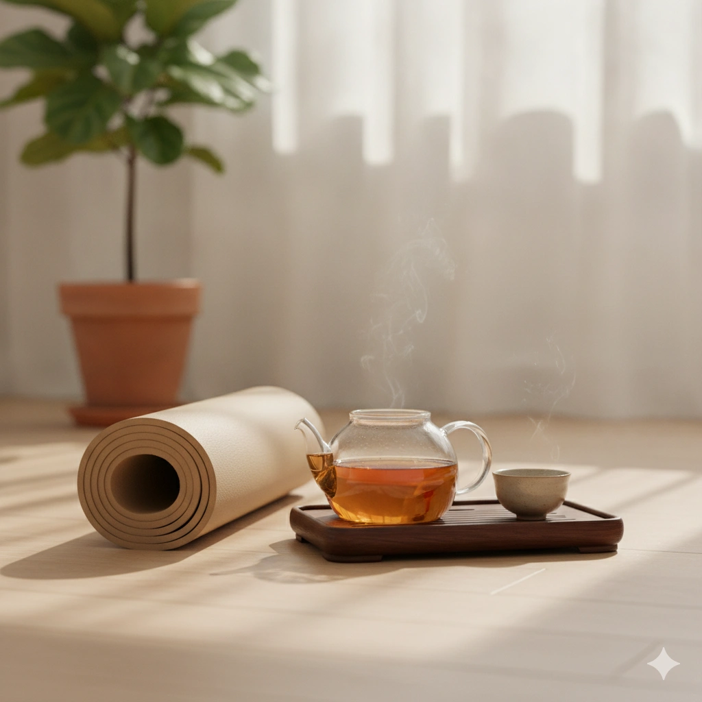ea tray with oolong tea beside a yoga mat in natural light