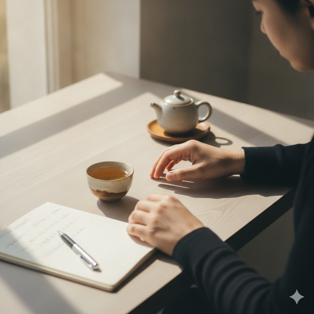 Desk with notebook and cup of oolong tea in afternoon light