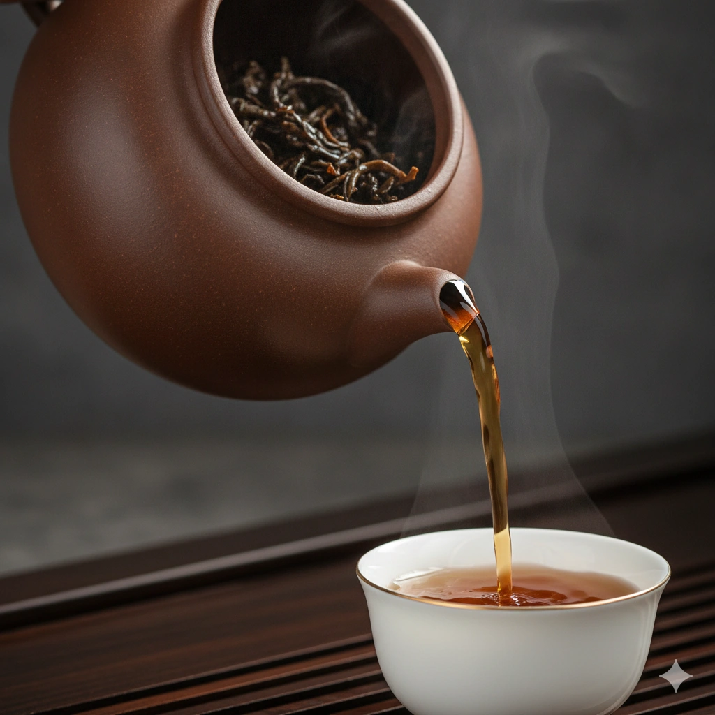 Traditional brewing of dark roasted Wuyi oolong tea
