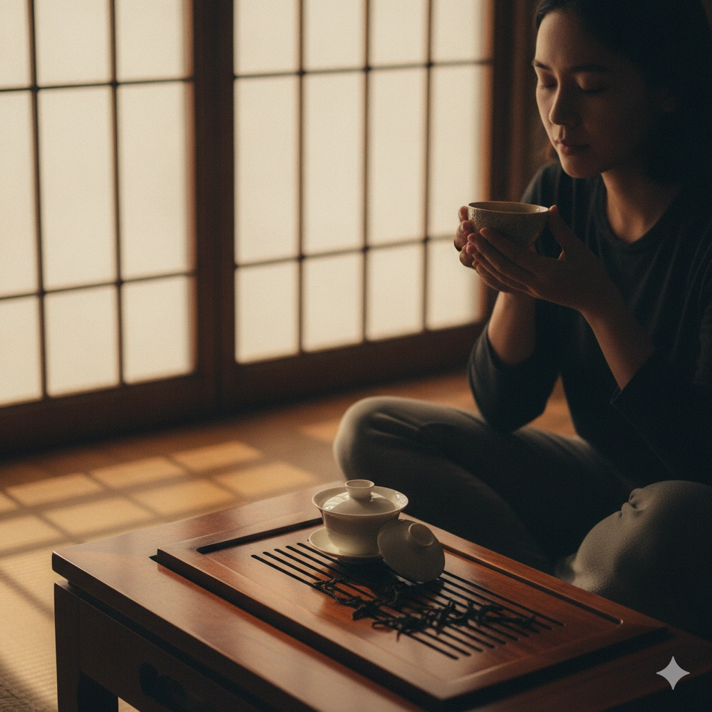 Person tasting oolong tea with eyes closed in calm setting