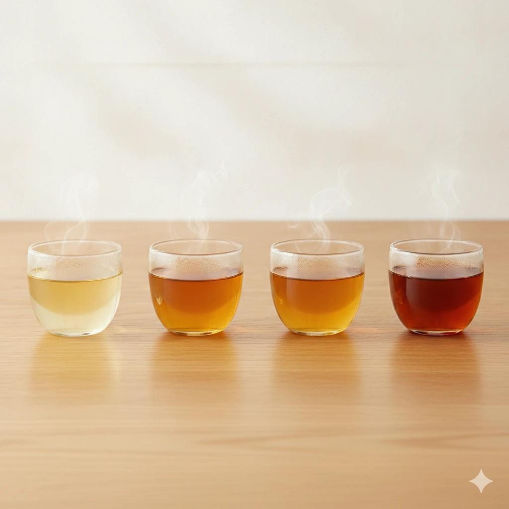 A row of four small clear glass tea cups lined up on a light wooden surface, each filled with oolong tea infusion from the first to the fourth steep. The color gradually shifts from pale golden to deeper amber. Soft daylight from above, clean minimal composition. Photorealistic, editorial style.