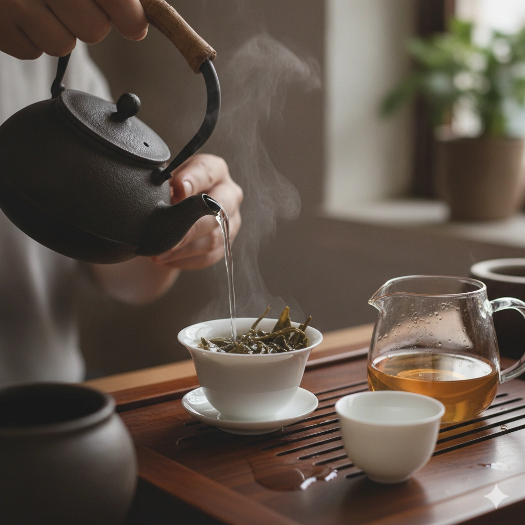 Close-up of hands pouring hot water from a small kettle into a white porcelain gaiwan filled with unfurling oolong tea leaves. A glass fairness pitcher and a small tea cup sit nearby on a dark wooden tea tray. Soft natural side light, shallow depth of field, warm and authentic atmosphere. Photorealistic lifestyle photography.