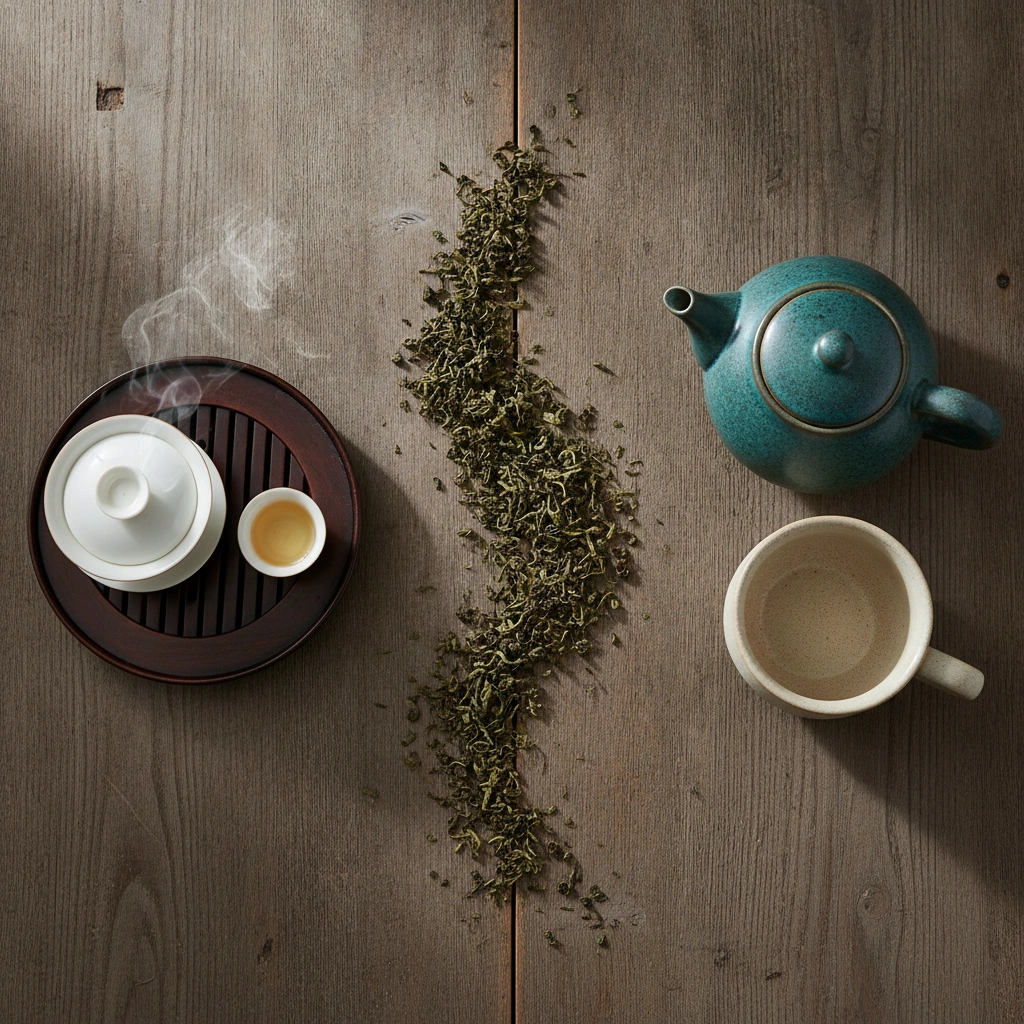 Split composition on a wooden table. Left side shows a small gaiwan and tiny tea cup for Gongfu brewing. Right side shows a larger ceramic teapot and a mug for Western-style brewing. Loose oolong tea leaves scattered naturally between them. Clean, educational product photography style, soft natural light.