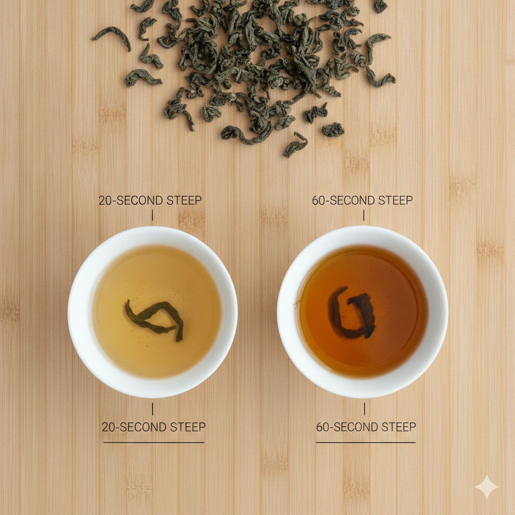 Prompt: Top-down view of two small white tea cups side by side on a light wooden surface. The left cup holds a pale golden oolong tea from a short 20-second steep, the right cup holds a darker amber oolong tea from a longer 60-second steep. Loose oolong tea leaves scattered naturally above the cups. Clean, minimal composition, soft overhead daylight. Photorealistic educational product photography.