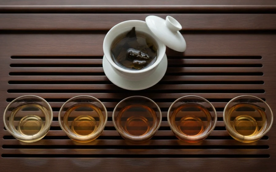 A row of five small clear glass tea cups lined up on a dark wooden tea tray, each filled with oolong tea from a different infusion. The color gradually shifts from pale gold in the first cup to light amber, then warm amber, then deeper bronze, and finally soft golden-brown in the fifth cup. A gaiwan with unfurled leaves sits behind the row. Soft natural window light from above, clean and educational composition. Photorealistic, editorial style.