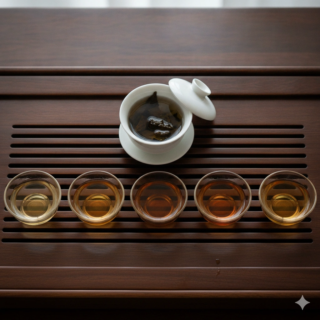 A row of five small clear glass tea cups lined up on a dark wooden tea tray, each filled with oolong tea from a different infusion. The color gradually shifts from pale gold in the first cup to light amber, then warm amber, then deeper bronze, and finally soft golden-brown in the fifth cup. A gaiwan with unfurled leaves sits behind the row. Soft natural window light from above, clean and educational composition. Photorealistic, editorial style.
