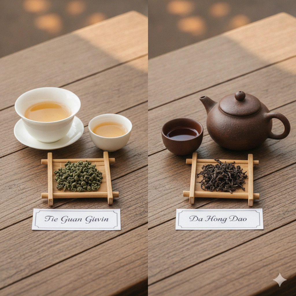 Split-scene composition on a wooden tea table. Left side shows a gaiwan and cup with light golden Tie Guan Yin oolong tea, with a small label reading "Tie Guan Yin" in elegant font. Right side shows a clay teapot and cup with dark amber Da Hong Pao oolong tea, with a small label reading "Da Hong Pao". Loose leaves of each tea rest on small bamboo trays in front of their respective teaware. Soft natural daylight, clean comparison photography style, warm and inviting tones.