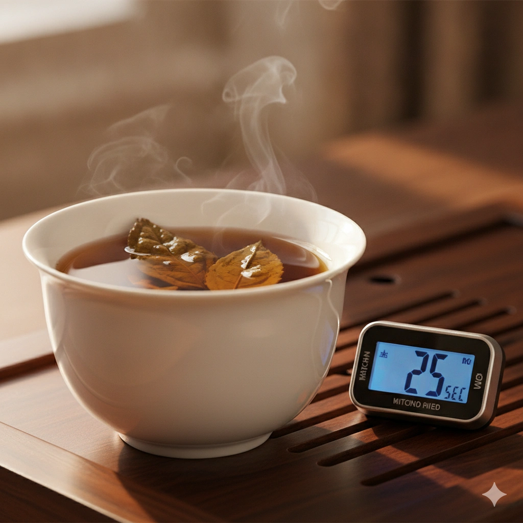 Prompt: Close-up side view of a white porcelain gaiwan filled with amber oolong tea, a few unfurled leaves visible inside. A small digital kitchen timer sits next to the gaiwan on a dark wooden tea tray, displaying 25 seconds. Soft steam rises gently from the gaiwan. Natural window light from the left, warm and focused atmosphere. Photorealistic lifestyle photography, shallow depth of field.
