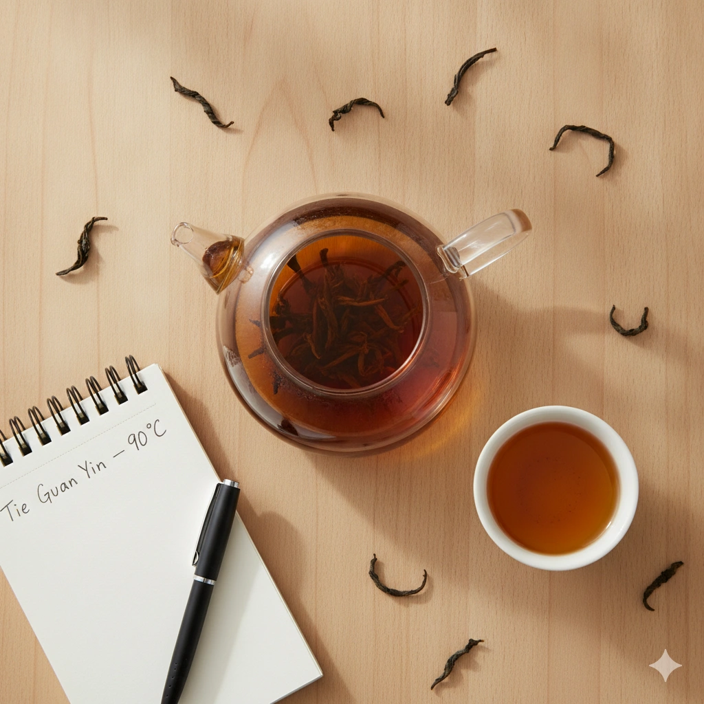 Oolong tea brewing temperature notes with glass teapot and cup