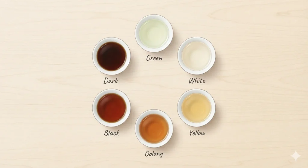 Six Chinese tea categories color chart including oolong and black tea