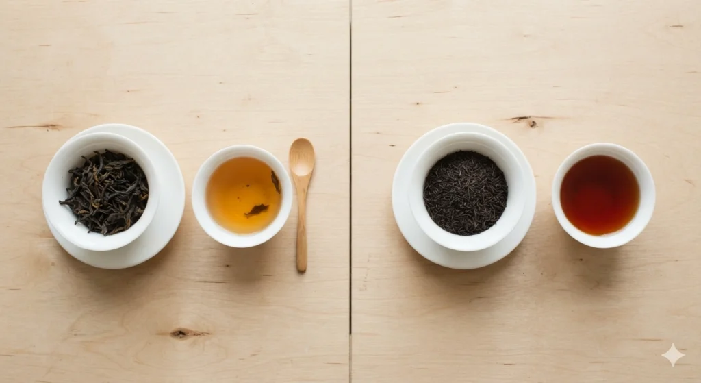 Oolong tea vs black tea leaves and infusion color comparison