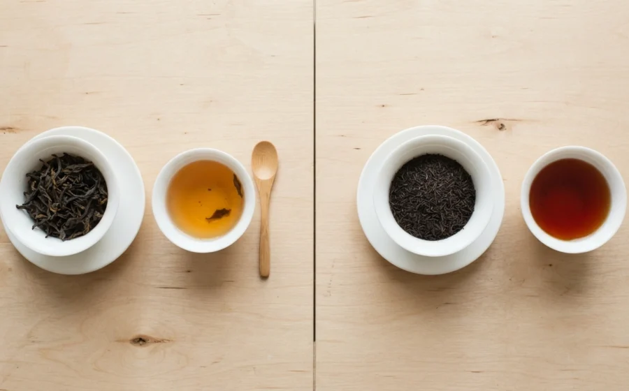 Oolong tea vs black tea leaves and infusion color comparison