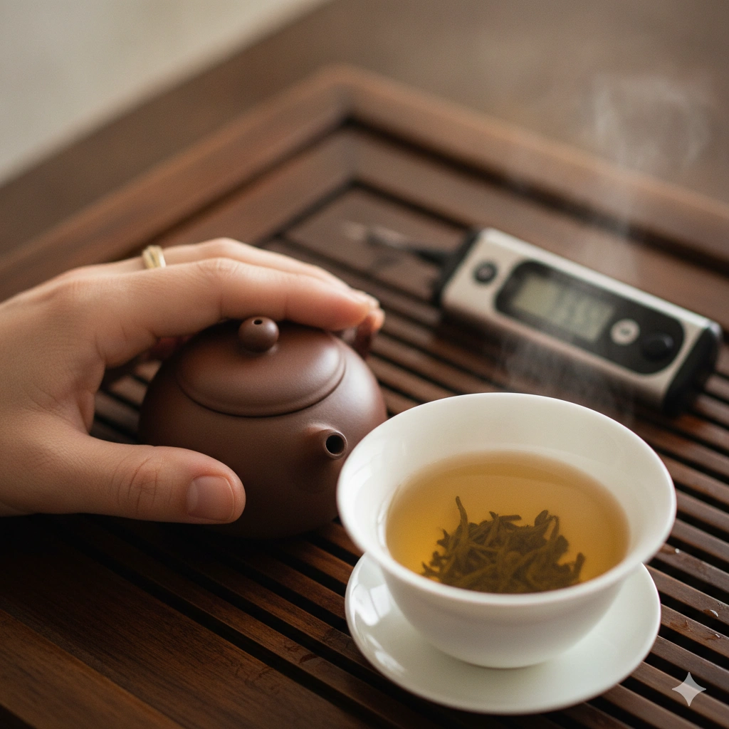 Checking oolong tea brewing temperature by hand and thermometer