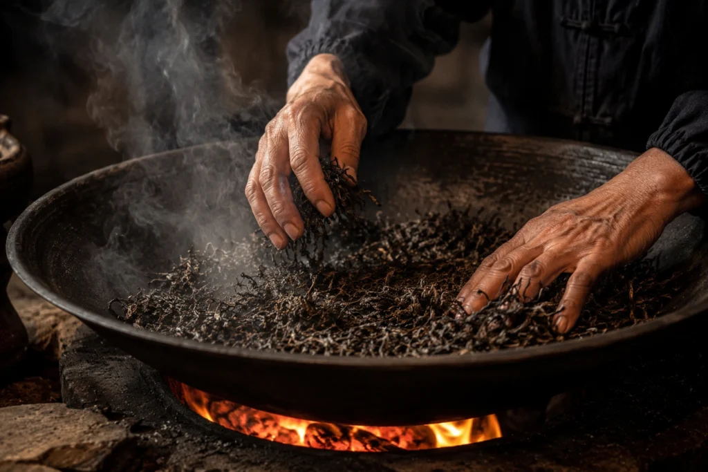 Traditional charcoal roasting of Chinese oolong tea leaves by tea master