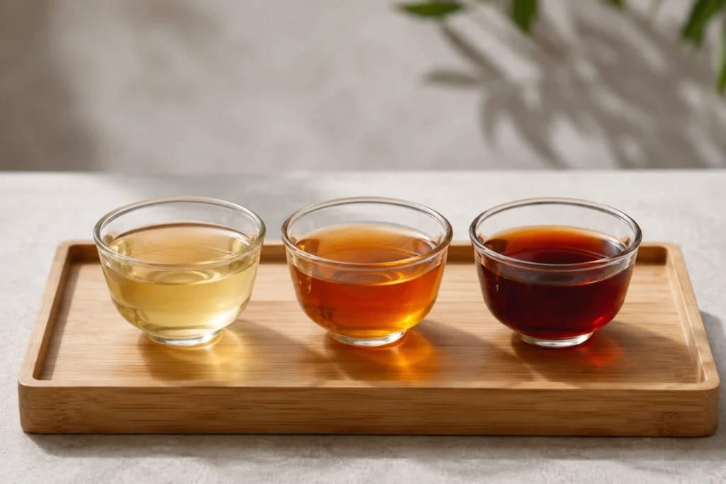 Light medium and dark oolong tea infusion color comparison
