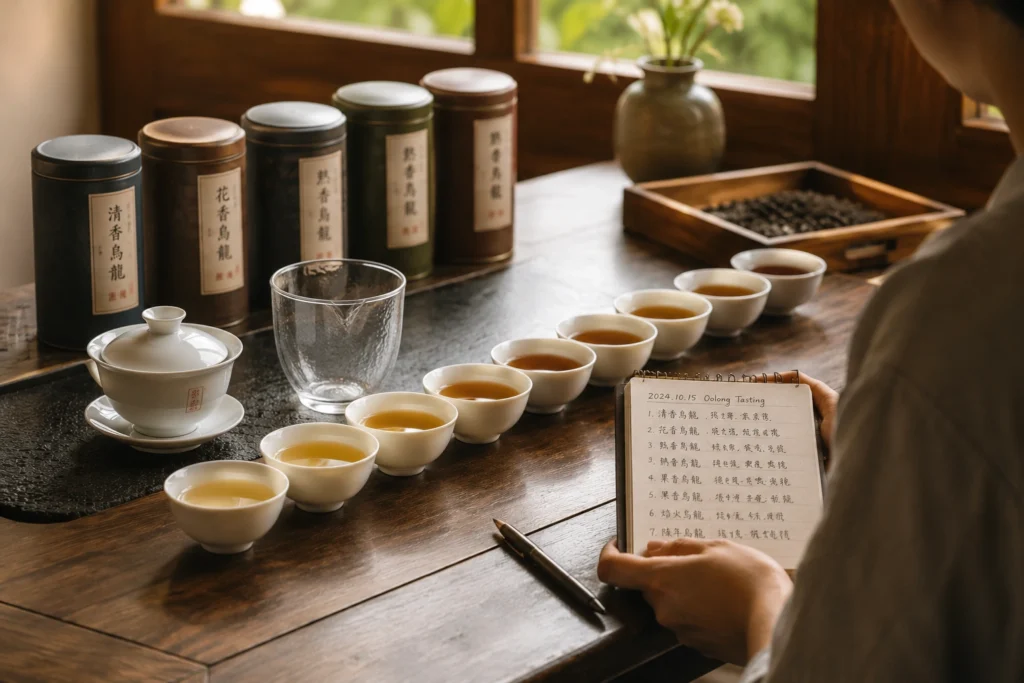 Oolong tea tasting and comparing different types and flavors
