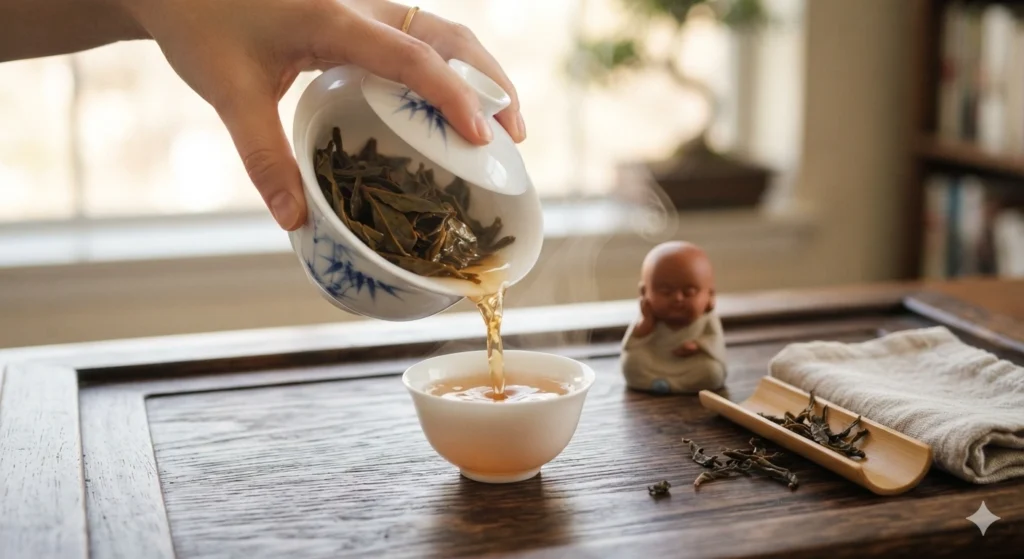 Traditional gongfu brewing Chinese oolong tea in white gaiwan