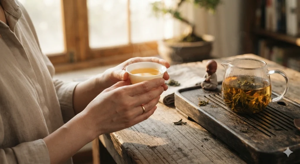 Enjoying authentic Chinese oolong tea in a quiet afternoon moment