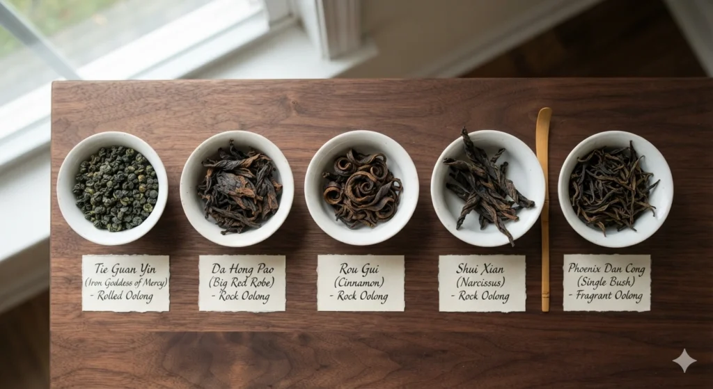 Five famous Chinese oolong teas Tie Guan Yin Da Hong Pao Rou Gui Shui Xian Phoenix Dan Cong