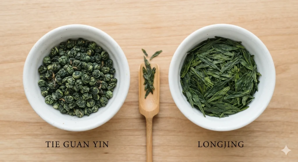 Oolong and green tea leaves side by side on wooden surface