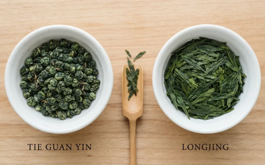 Oolong and green tea leaves side by side on wooden surface