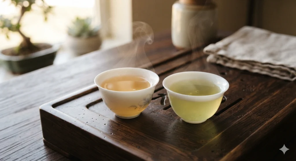 Oolong tea vs green tea infusion color comparison in white cups
