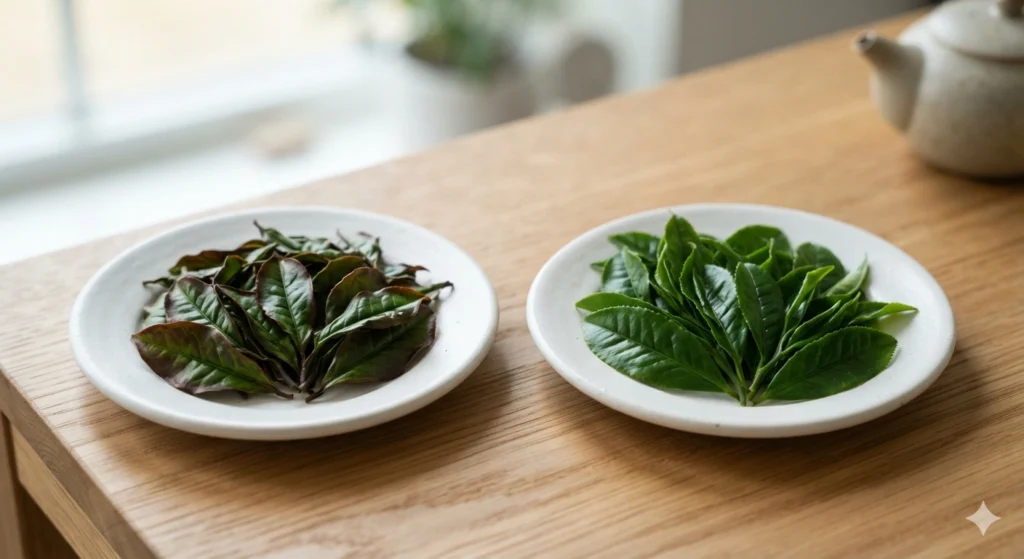 Unfurled oolong tea leaves vs green tea leaves after brewing