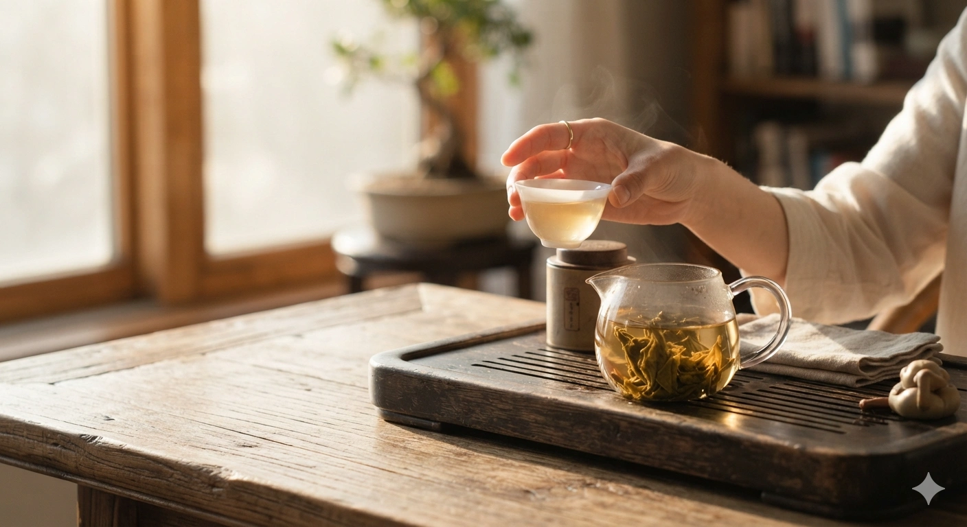 Enjoying a cup of oolong tea in natural afternoon light