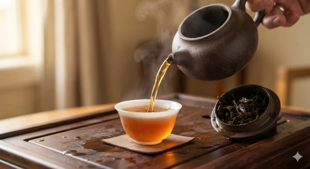 Da Hong Pao Wuyi rock oolong tea brewing close-up