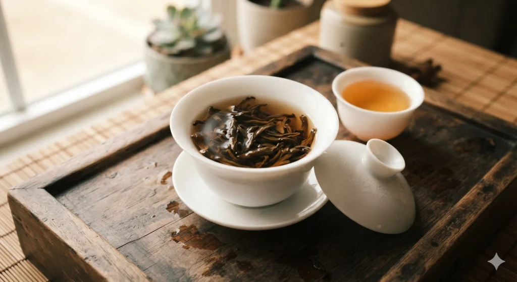 Shui Xian Narcissus oolong tea brewing in white gaiwan