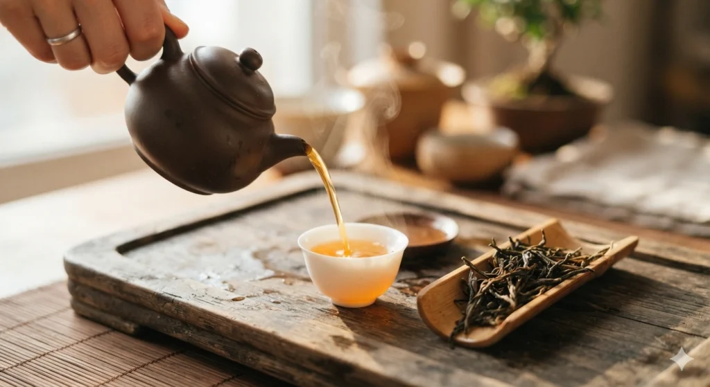 Phoenix Dan Cong oolong tea brewing in a Chaozhou clay teapot