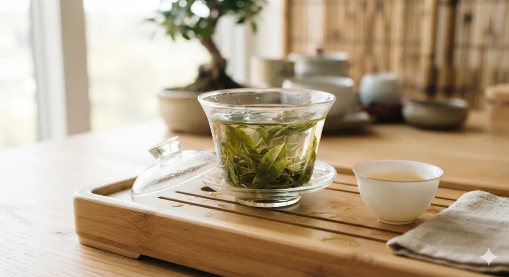 High Mountain oolong tea brewing in a glass gaiwan with unfurled leaves