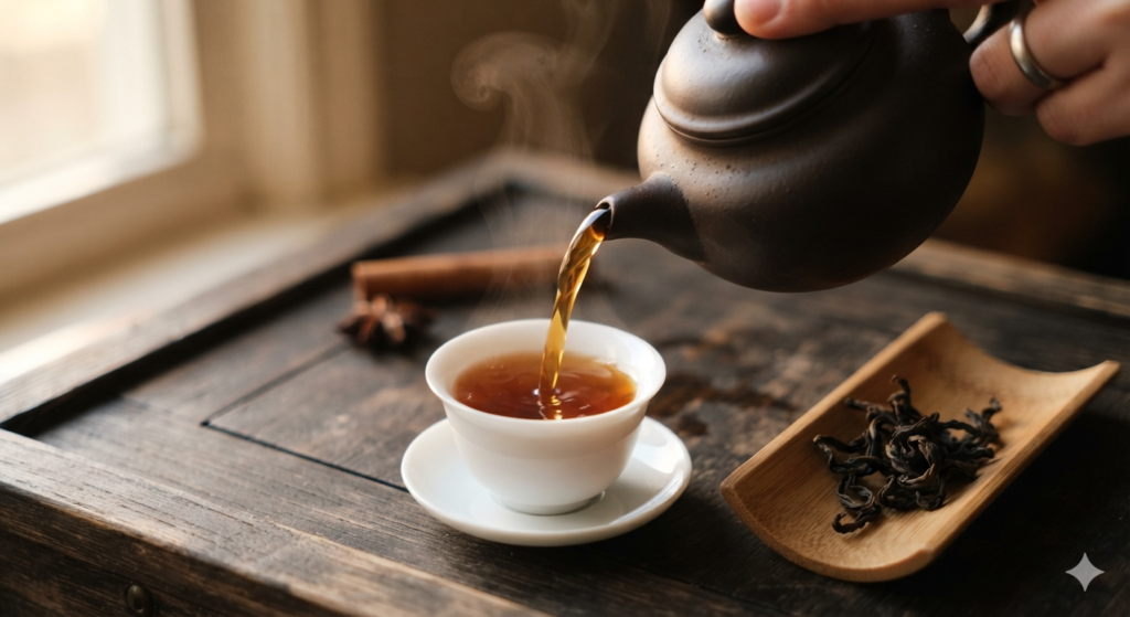 Rou Gui Wuyi rock oolong tea pouring from Yixing teapot with cinnamon aroma