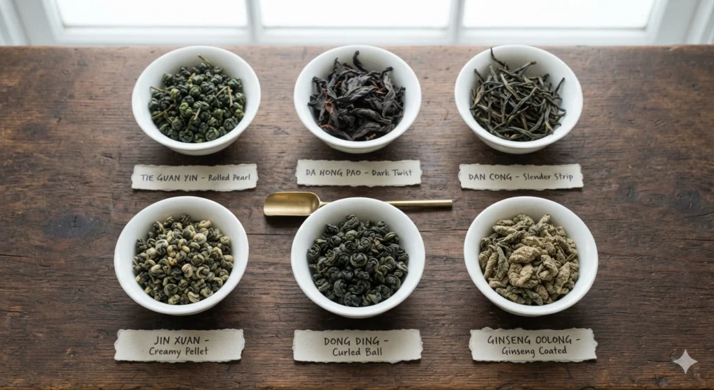 Different oolong tea varieties in white bowls on wooden surface